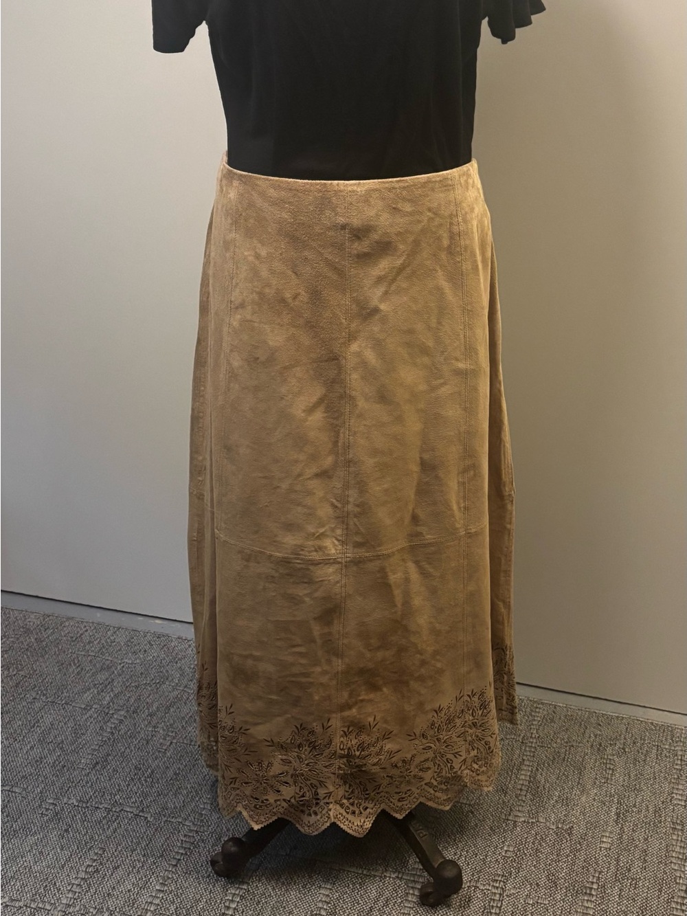 Women's Tan Suede Maxi Skirt with Scalloped Hem